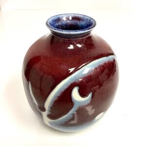 Vintage Studio Art Pottery Abstract Glossy Glaze Vase Stamped CB 6”H Oxblood Red